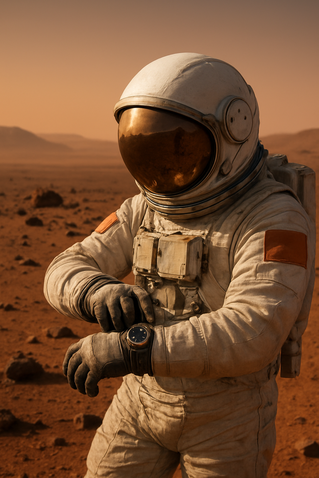 Checking htge time on Mars (Illustration: Chat GPT) אסטרונאוט בודק מה השעה על מאדים