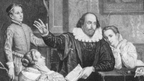 תחריט גרמני מהמאה ה-19 שבו נראה שייקספיר כאיש משפחה מוקף באשתו אן ובילדיו, המקשיבים לסיפוריו