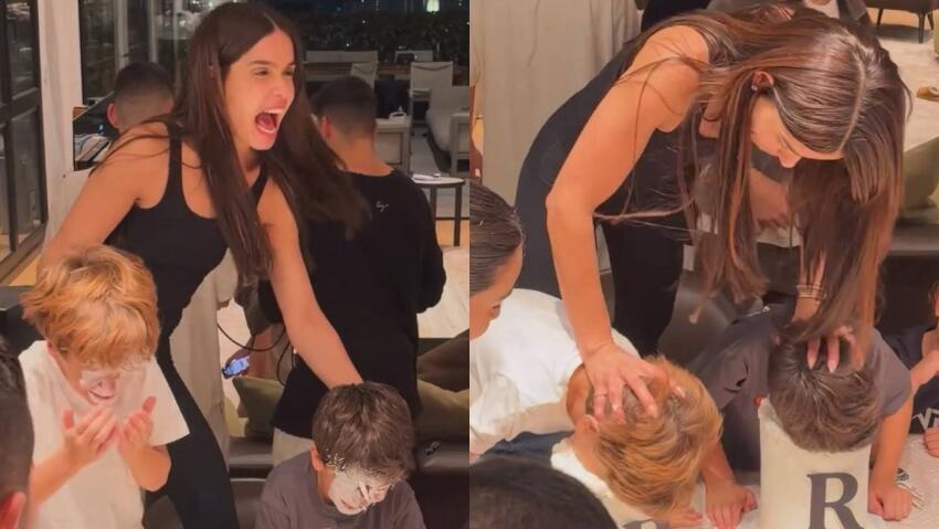 Шокирующий момент: Михаль ха-Ктана окунает сыновей в торты (Фото из инстаграма) מיכל הקטנה דוחפת את ילדיה, ריף וריי, לתוך עוגות יום ההולדת שלהם