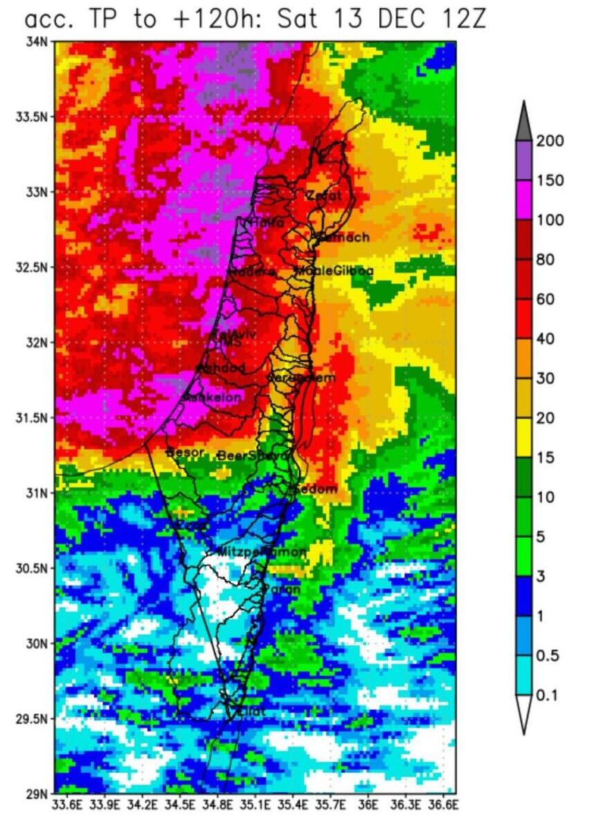 Precipitation map for the rest of the week (Photo: Israel Meteorological Service) מפת המשקעים להמשך השבוע