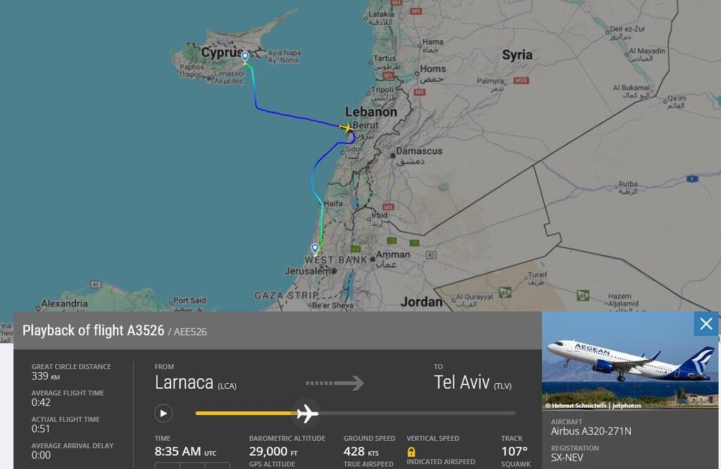 The plane's new route מטוס יווני עבר מעל לבנון בדרכו לישראל