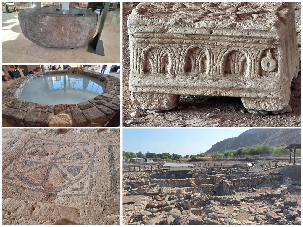 Камень из Магдалы и камень, установленный вместо оригинала в лобби, руины древнего города, водоем в лобби и мозаичная розетка, ставшая логотипом отеля (Фото: Анастасия Тадсон) Камень из Магдалы и камень, установленный вместо оригинала в лобби, водоем и мозаическая розетка, ставшая логотипом отеля