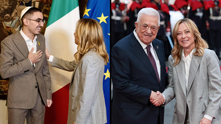 Ex-Hamas hostage Rom Braslavski and Italian Prime Minister Giorgia Meloni meet at the Palazzo Chigi in Rome; Meloni with Palestinian Authority Chairman Mahmoud Abbas 