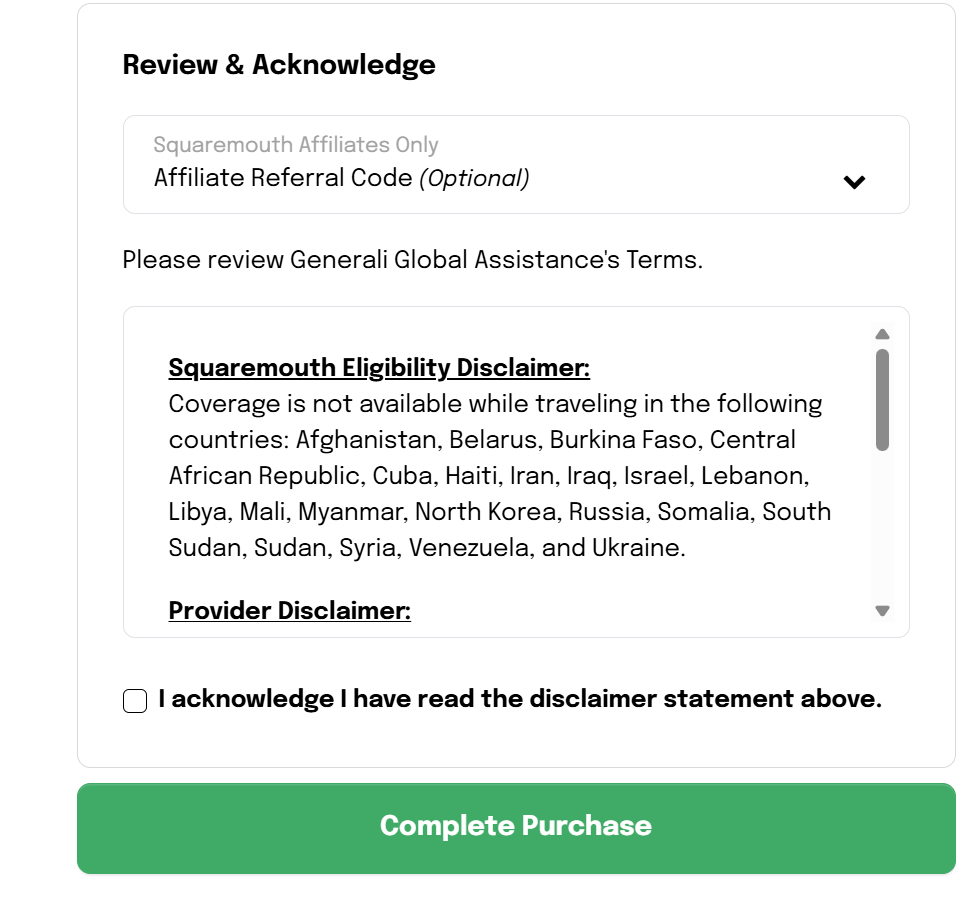 Generali Global Assistance policy disclaimer on Squaremouth’s platform, showing Israel among a list of excluded countries for coverage, including Syria, Venezuela and Russia 