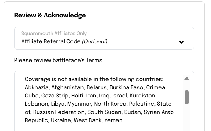 Battleface insurance policy terms on Squaremouth’s website, excluding Israel, the West Bank and Gaza from coverage along with countries like Afghanistan, Belarus and North Korea 