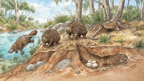 שילוב מעניין של מאפיינים המזכירים את שתי הקבוצות גם יחד, אכינדנפוס למטה משמאל. שישה מינים נכחדים של יונקי ביב מאוסטרליה