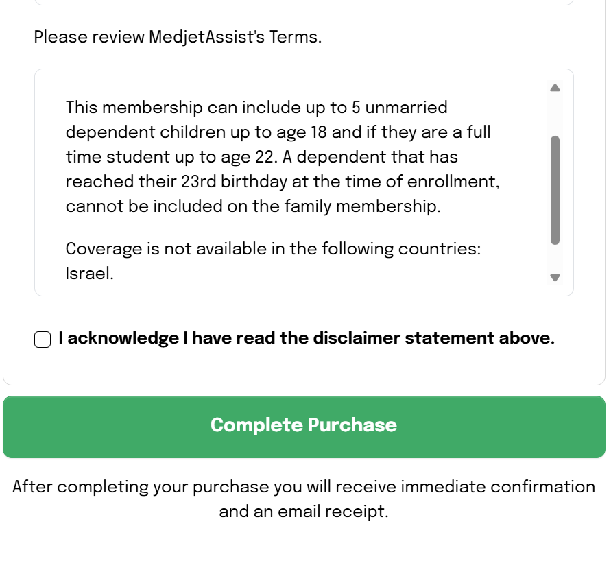 Screenshot of the MedjetAssist terms and conditions section, showing Israel listed as a country not covered under its travel insurance policy