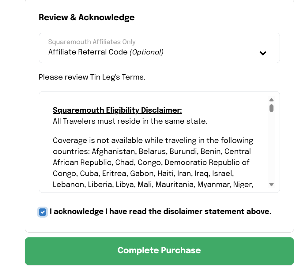 Tin Leg’s insurance policy disclaimer on Squaremouth, listing Israel among countries not covered for travel insurance, alongside conflict zones such as Afghanistan, Iran, Iraq and North Korea 
