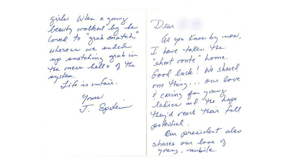 גלויה ששלח אפשטיין מתאו בכלא ב-2019 ושבה כתב כי "הנשיא שלנו חולק את אהבתנו לבנות בשלות וצעירות"