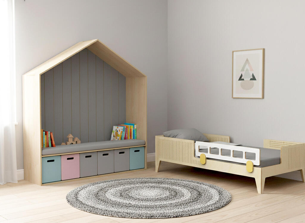 Divide the room into zones, even in a small space. kids' room with a wooden bed and storage bench. Design: Sagol Studio (Photo: Courtesy Sagol Studio) חדר ילדים, עיצוב: סטודיו סגול - מיטת עץ וספסל אחסון מעוצב כבית