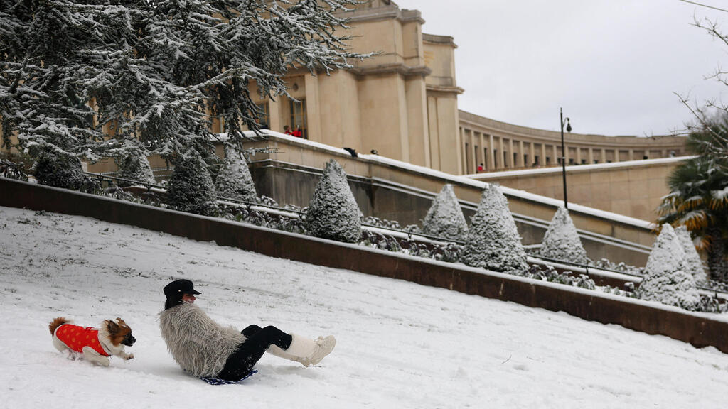אירופה מזג אוויר גל קור צרפת אישה ו הכלב שלה גולשים במדרון ב גני הטרוקדרו פריז