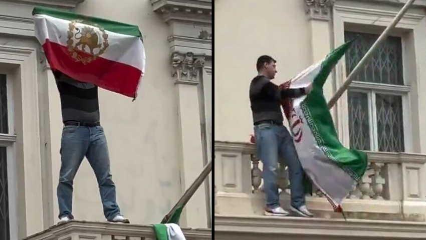 לונדון: מפגין טיפס על שגרירות איראן, הסיר את דגלה - והניף את דגל השאה