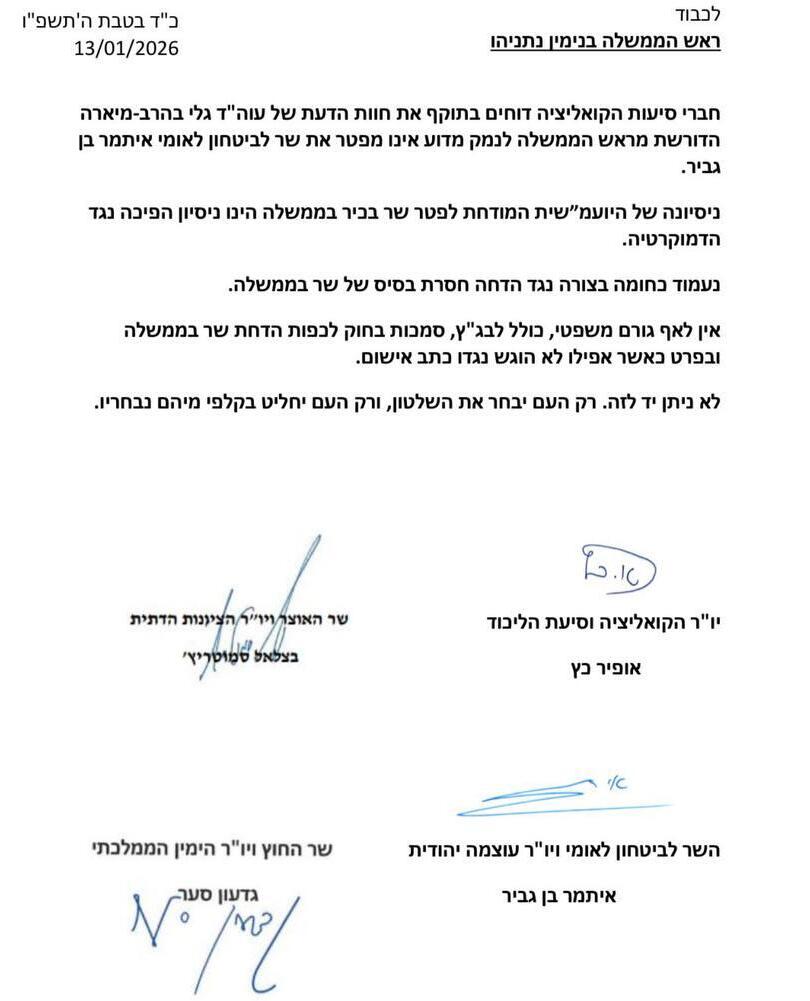 מכתב בכירים בקואליציה החוו"ד של היועמ"שית לפיטורי בן גביר