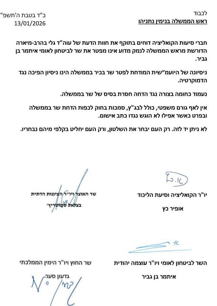 מכתב בכירים בקואליציה החוו"ד של היועמ"שית לפיטורי בן גביר