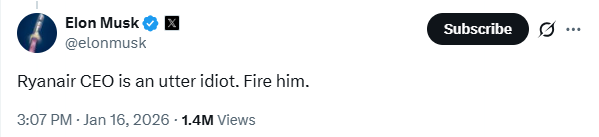 Photo: X מאסק מכנה את מנכ"ל ריינאייר "אידיוט"