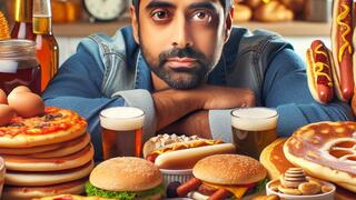 אדם מוקף בהמון מאכלים