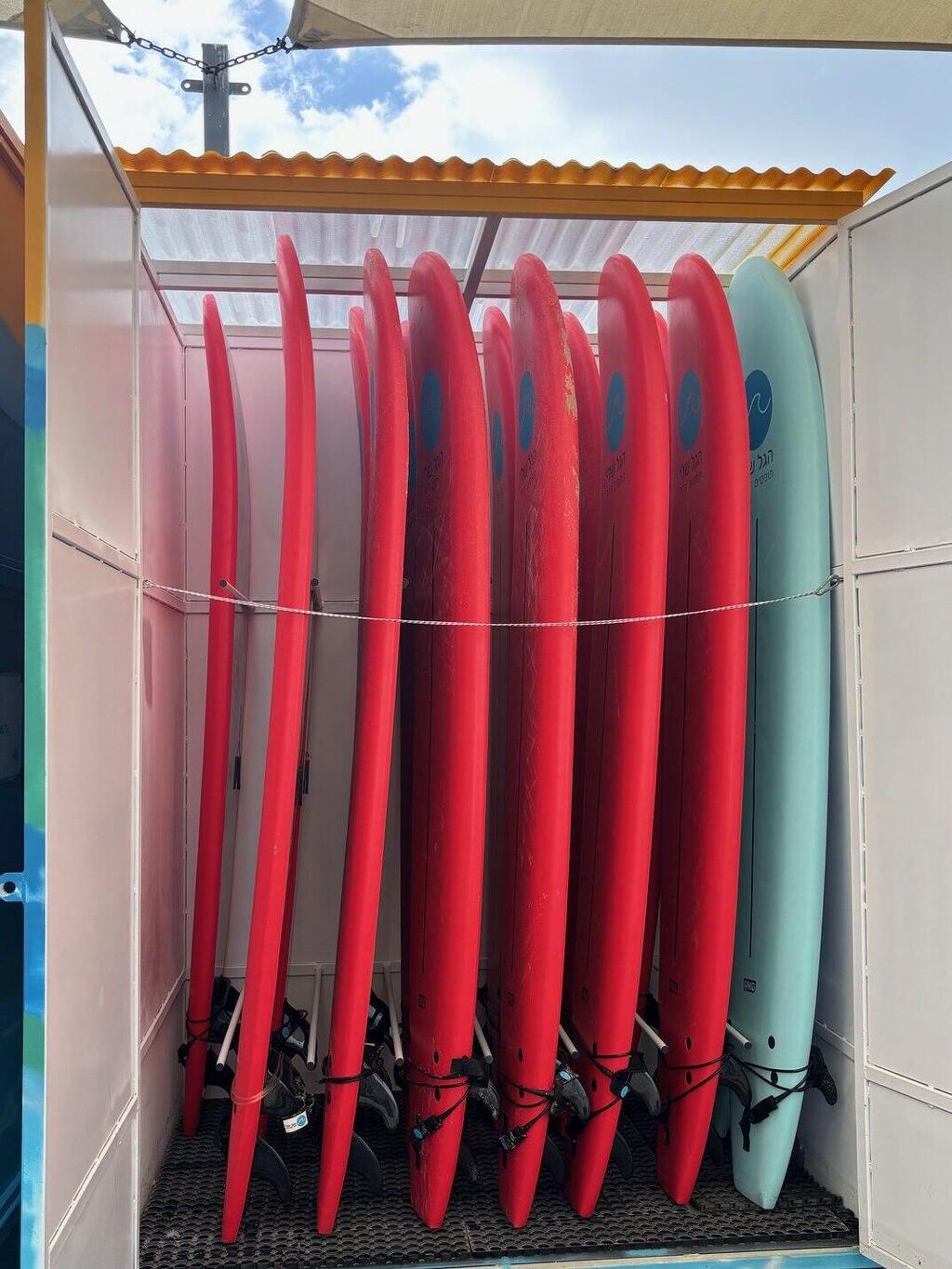 Surfboards at Zikim Beach (Photo: Maayan Hoffman/The Media Line) Surfboards at Zikim Beach