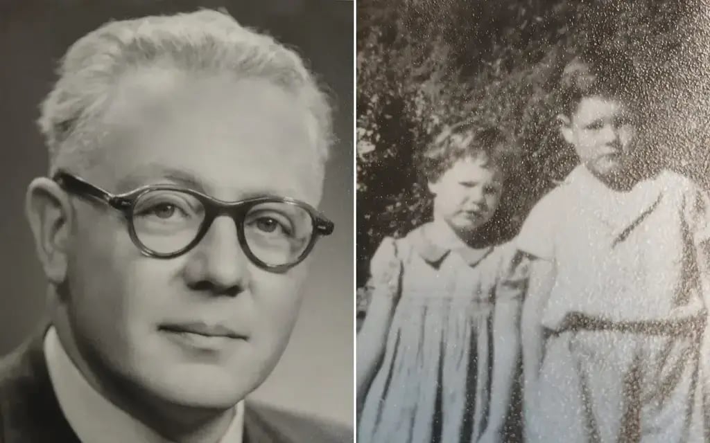 Adriana Turk as a child with her brother, alongside a photograph of her father (Photo: MyHeritage DNA) אדריאנה טורק בילדותה עם אחיה, לצד תמונתו של אביה