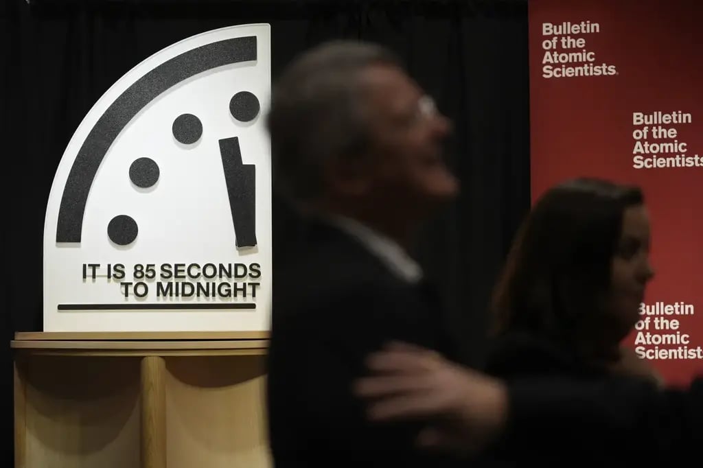 The Doomsday Clock of the Bulletin of the Atomic Scientists, set at 85 seconds to midnight, is displayed during a news conference at the Carnegie Endowment for International Peace