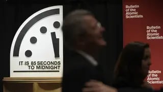 The Doomsday Clock of the Bulletin of the Atomic Scientists, set at 85 seconds to midnight, is displayed during a news conference at the Carnegie Endowment for International Peace