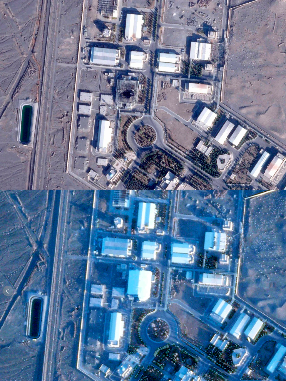 Satellite images from Natanz. In bright white, the new roofm (Photo: Planet Labs PBC via AP) צילומי לווין של מתקני הגרעין בנתנז