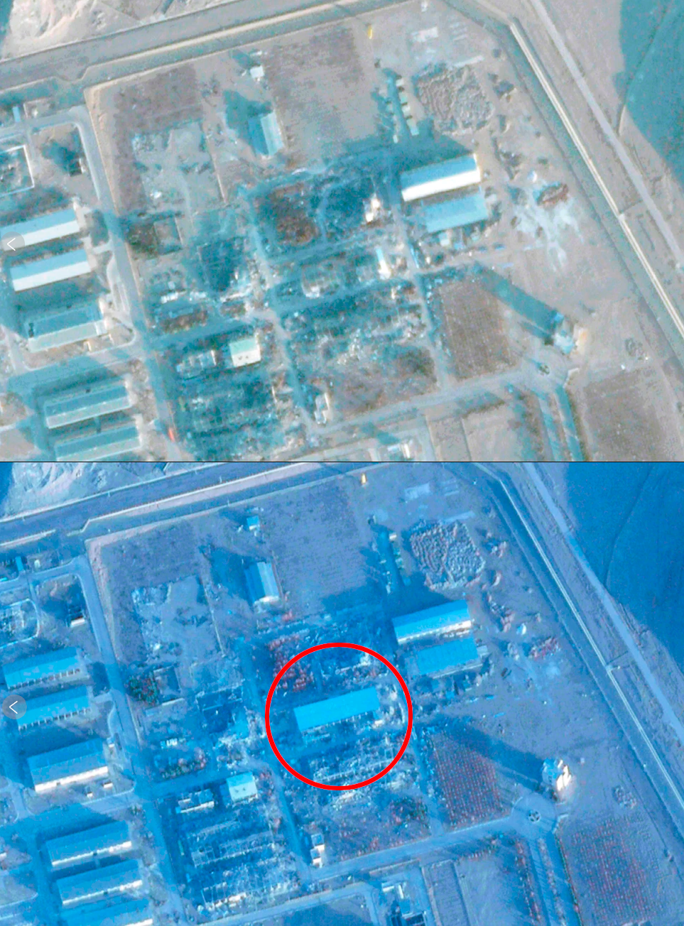 Isfahan. The new roof, circled in the lower image (Photo: Planet Labs PBC via AP) צילומי לווין של מתקני הגרעין באספהאן