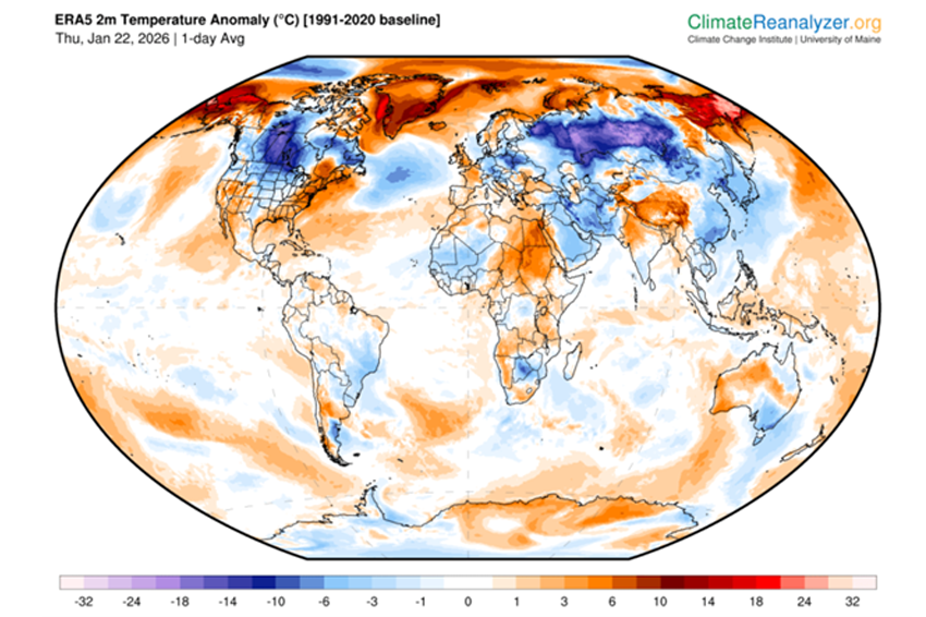 בזמן שארצות הברית סובלת מקור עז, שכנתה גרינלנד רשמה לאורך השבוע טמפרטורות חמות במיוחד. הטמפרטורה היומית ברחבי העולם ביחס לממוצע הרב שנתי של הטמפרטורה באותו היום, עם כניסת גל הקור לארצות הברית 
