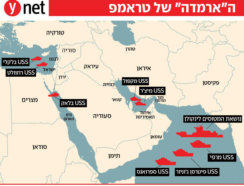 מפה כוחות צי צבא ארה"ב באזור המזרח התיכון נושאת מטוסים לינקולן ו משחתת משחתות לצדה בצל המתיחות מול איראן