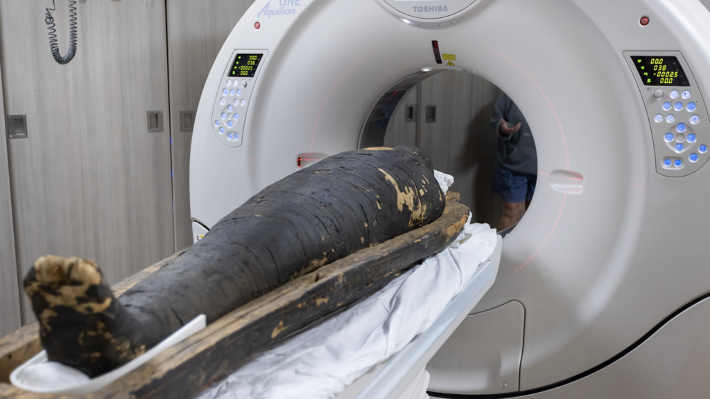 המומיה של כוהן הדת המצרי נס-חור, עם כניסתה לסריקת CT