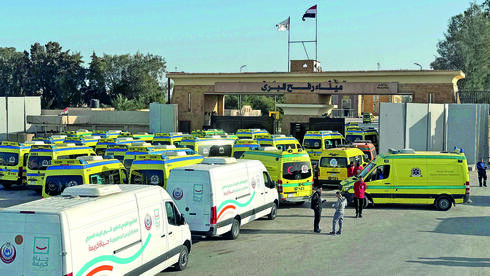 אמבולנסים ממתינים במעבר רפיח בצד המצרי לפינוי חולים ופצועים לבתי חולים