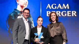 Agam Berger receives the Voice of Jewish Identity Award at the 2026 Yael Awards. Photographed with Chaya Yosovich, CEO, Yael Foundation and Max Portelli, CFO of Soft2Bet