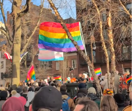 Crowd protests the removal of the Rainbow Pride flag from the Stonewall National Monument in Manhattan 