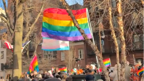 Crowd protests the removal of the Rainbow Pride flag from the Stonewall National Monument in Manhattan 