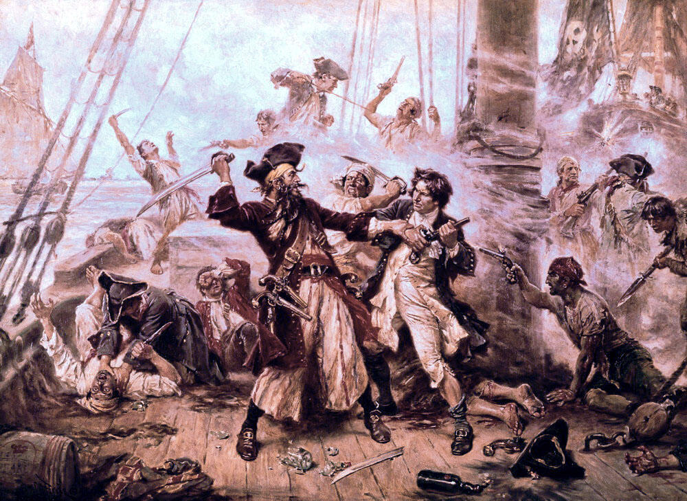 Capture of the Pirate, Blackbeard, 1718 depicting the battle between Blackbeard the Pirate and Lieutenant Maynard in Ocracoke Bay 