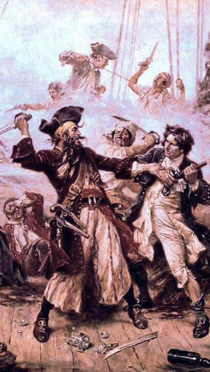 Capture of the Pirate, Blackbeard, 1718 depicting the battle between Blackbeard the Pirate and Lieutenant Maynard in Ocracoke Bay 
