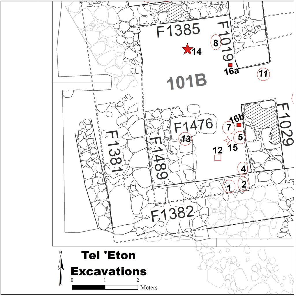 תכנית מפורטת של חדר 101B, עם ציון הממצאים השונים