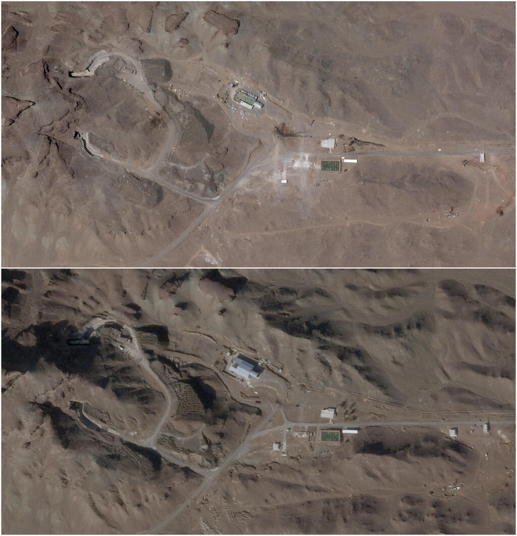 A combination picture of satellite images shows a Qom missile base building with the roof damaged by an airstrike, in Qom, Iran, July 16, 2025 (top), and the same site with a new roof, February 1, 2026 (bottom) 