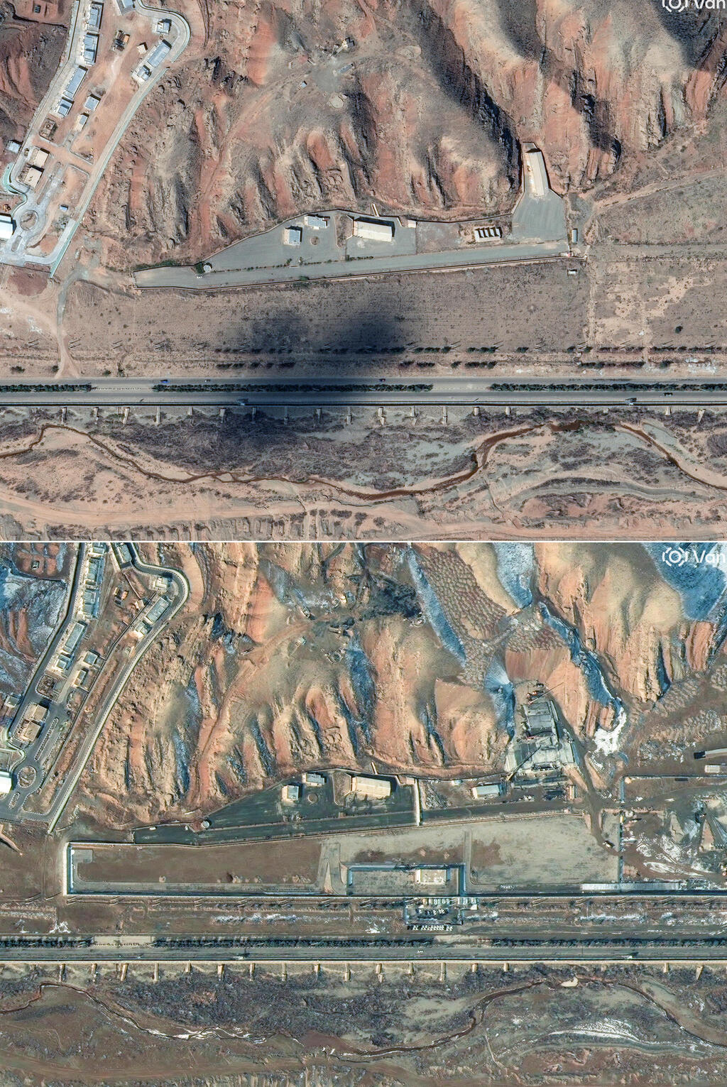 Военный объект Парчин до и после восстановительных работ (Фото: Planet Labs PBC and Vantor/Handout via REUTERS) בסיס צבאי פרצ'ין, סמוך לטהרן