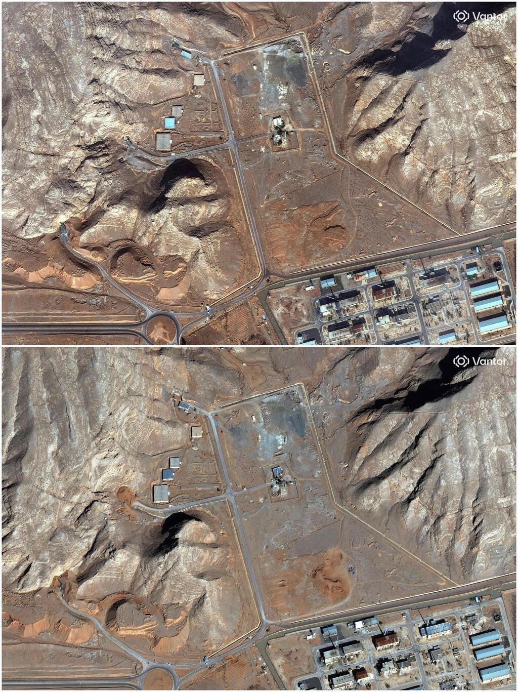A combination of satellite images showing tunnel entrances at the Isfahan nuclear complex, in Isfahan, Iran, before they were buried with soil, November 11, 2024 (top), and after, February 10, 2026 (bottom( 