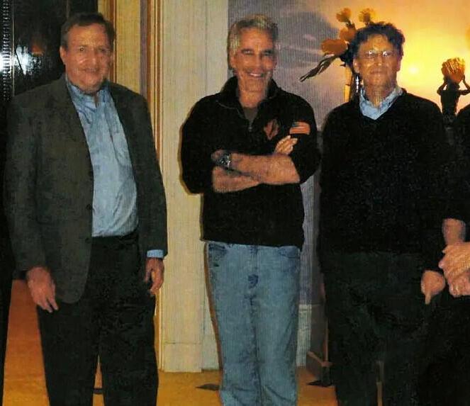 באחוזתו של ג'פרי אפשטיין במנהטן בשנת 2011, משמאל לימין: ג'יימס אי. סטיילי, אז בכיר ב-JPMorgan; שר האוצר האמריקאי לשעבר לורנס סאמרס; אפשטיין; ביל גייטס, ממייסדי מיקרוסופט; ובוריס ניקוליץ', ששימש כיועץ המדעי של קרן ביל ומלינדה גייטס