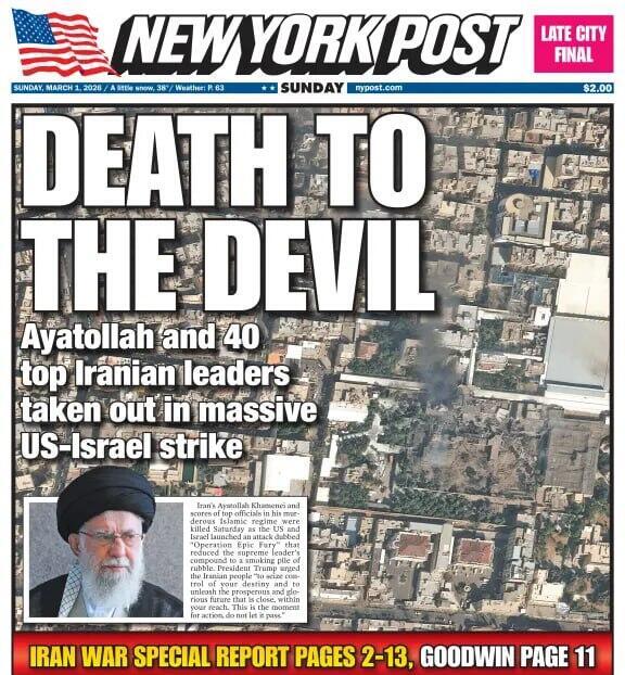 Headline of the pro-Israel New York Post סיקור חיסול חמינאי בתקשורת הבינלאומית