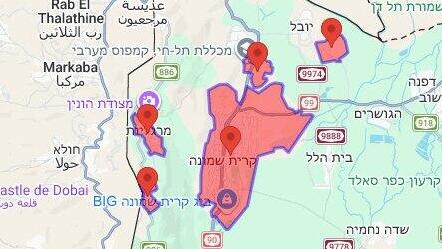 מפת אזורי האזעקות בעקבות חדירת כטב"ם