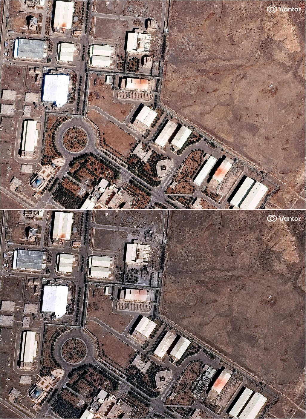 מתקן הגרעין בנתנז: למעלה - תצלום לוויין מה-1 במרץ, למטה - תצלום לוויין מ-2 במרץ, אתמול