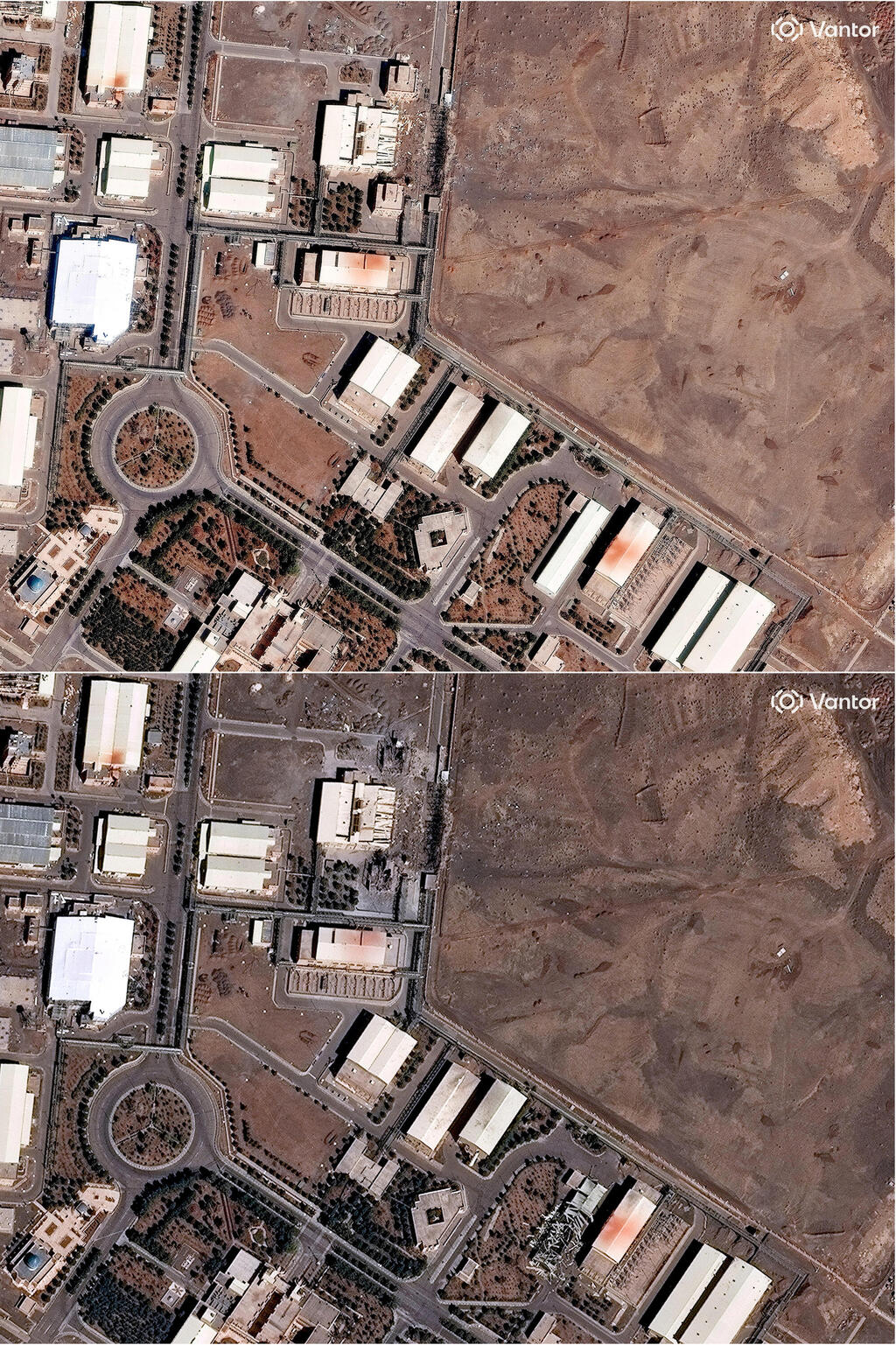 Спутниковый снимок, 2 марта (צילום: Vantor/Handout via REUTERS) מתקן הגרעין בנתנז: למעלה - תצלום לוויין מה-1 במרץ, למטה - תצלום לוויין מ-2 במרץ, אתמול