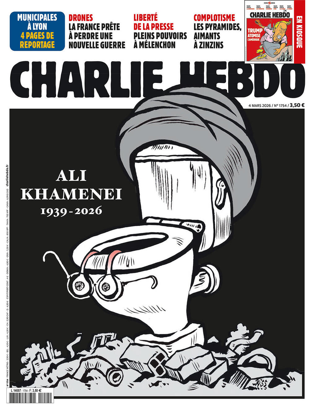 Charlie Hebdo's cover dedicated to Khamenei (Photo: Screengrab from social media) השער של "שארלי הבדו" שהוקדש לחמינאי
