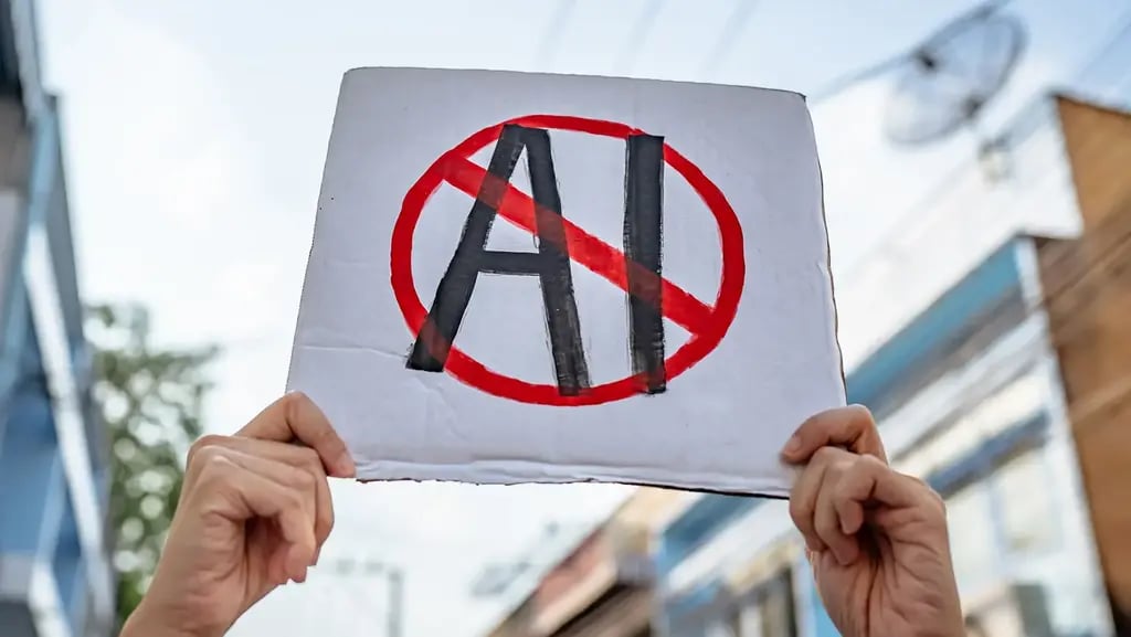 שלט נגד בינה מלאכותית בהפגנה בארה"ב