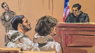 Ibrahim Kayumi and Emir Balat sit before a federal judge while charged with five federal crimes, including use of a weapon of mass destruction, in New York City, U.S., March 9, 2026, in a courtroom sketch