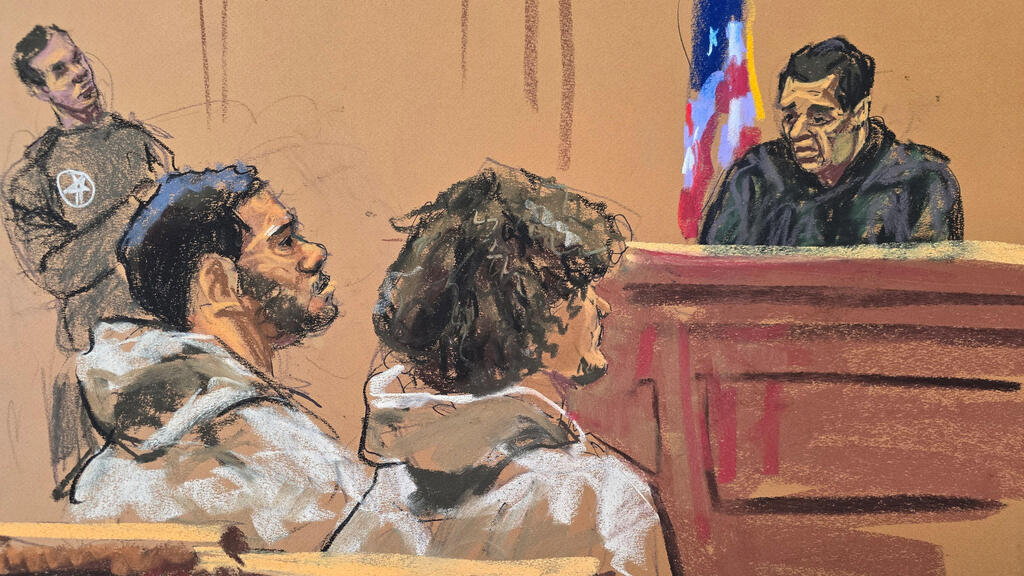 Ibrahim Kayumi and Emir Balat sit before a federal judge while charged with five federal crimes, including use of a weapon of mass destruction, in New York City, U.S., March 9, 2026, in a courtroom sketch