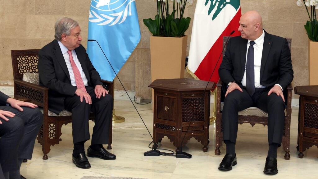 Lebanese President Joseph Aoun with U.N. Secretary-General Antonio Guterres נשיא לבנון ג'וזף עאון בפגישה עם מזכ"ל האו"ם אנטוניו גוטרש