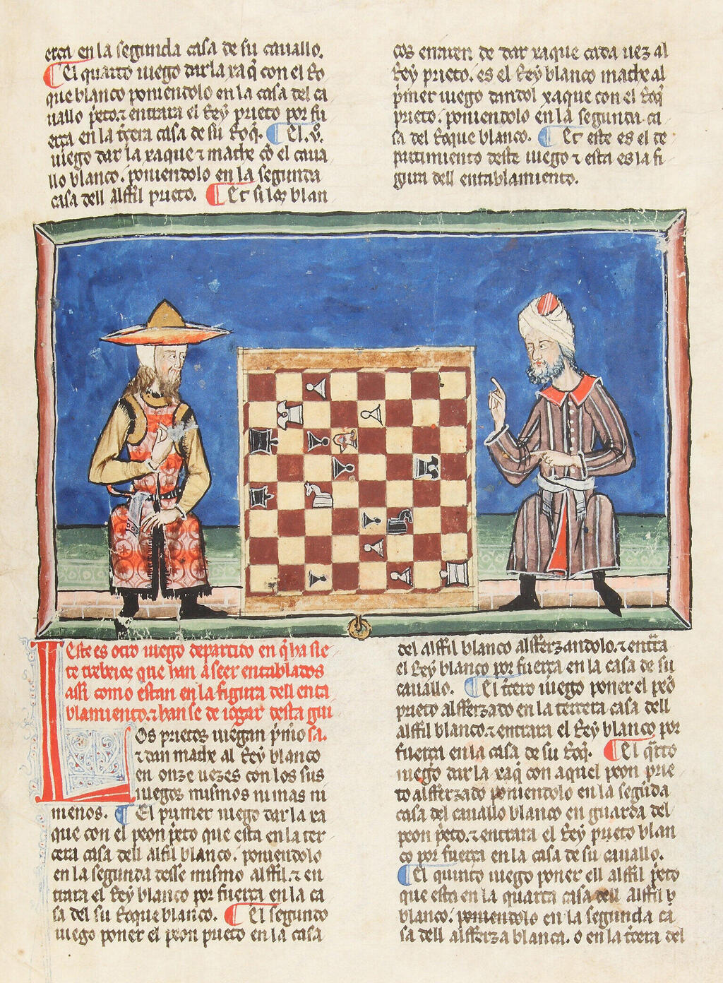 A Jewish chess player competes against a Muslim chess player. From the manuscript commissioned by King Alfonso X of Castile (Photo: Patrimonio Nacional. Real Biblioteca del Monasterio de El Escorial) שחמטאי יהודי משחק נגד שחמטאי מוסלמי. מתוך כתב היד שהוזמן על ידי אלפונסו העשירי, מלך קסטיליה